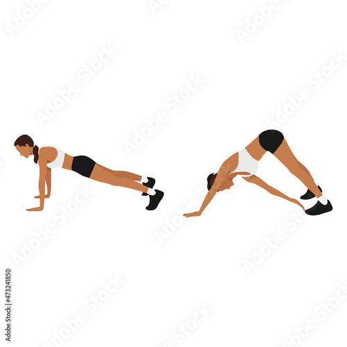 Woman doing Plank to toe touch exercise. Flat vector illustration isolated on white background