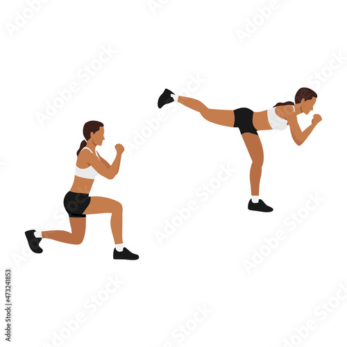 Woman doing Lunge back kick exercise. Flat vector illustration isolated on white background