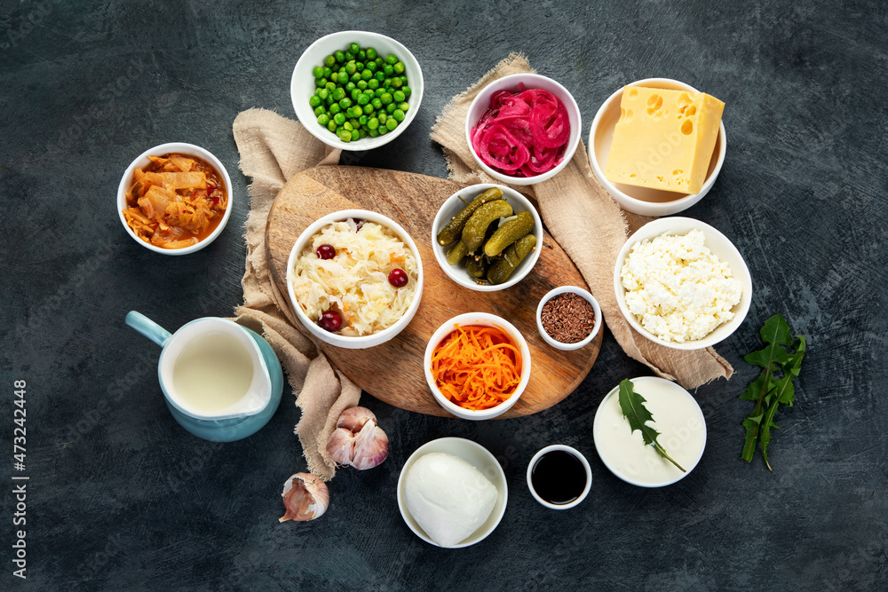 Best sources of probiotic on gray background. Best sources of probiotic on gray background.