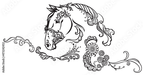 horse head floral style. Mehndi henna tattoo. Black and white vector illustration