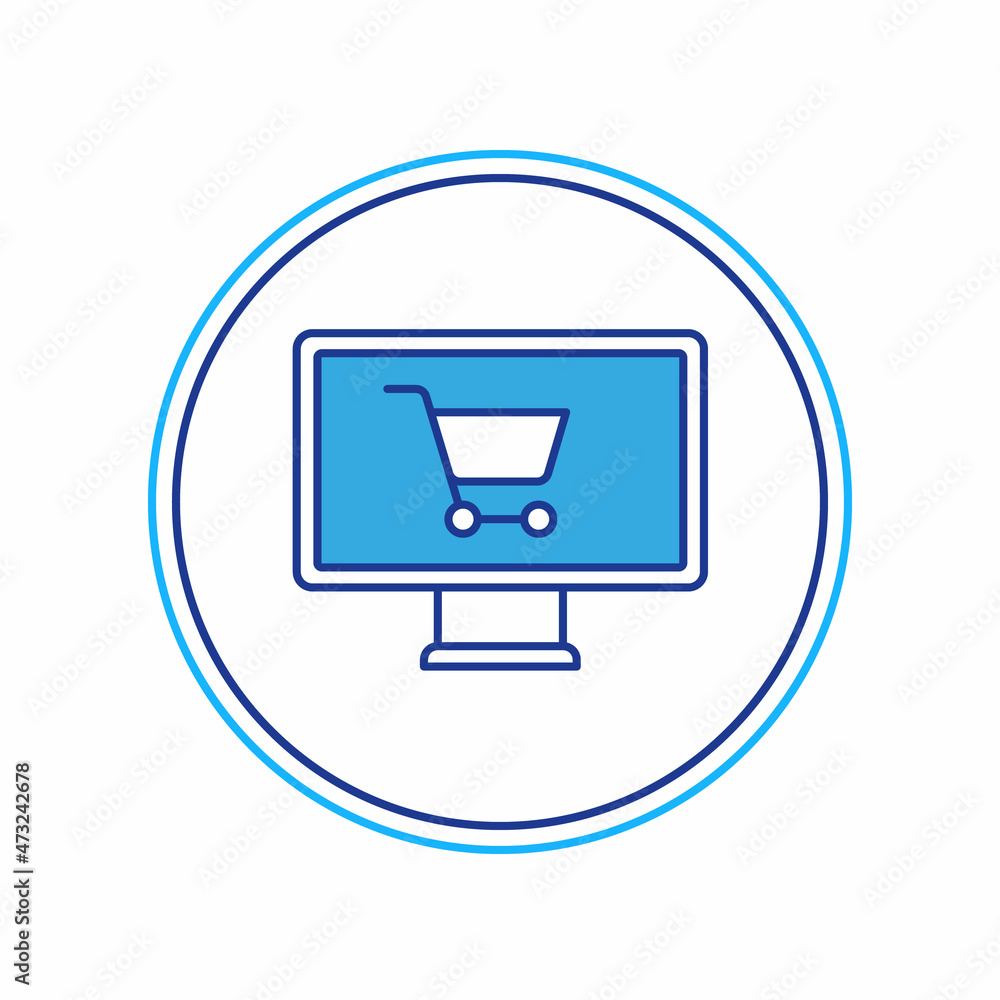 Filled outline Shopping cart on monitor icon isolated on white background. Concept e-commerce, e-business, online business marketing. Vector Filled outline Shopping cart on monitor icon isolated on white background. Concept e-commerce, e-business, online business marketing. Vector