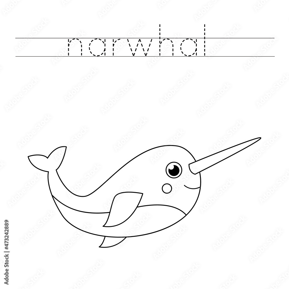 Obraz premium Trace the letters and color cute narwhal. Handwriting practice for kids.