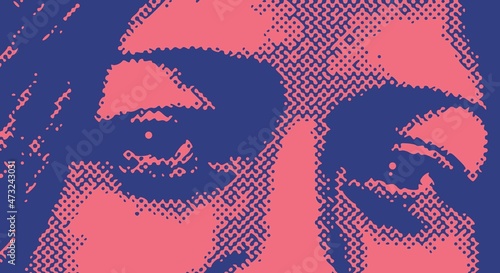 Top part of the woman face front view. Halftone style