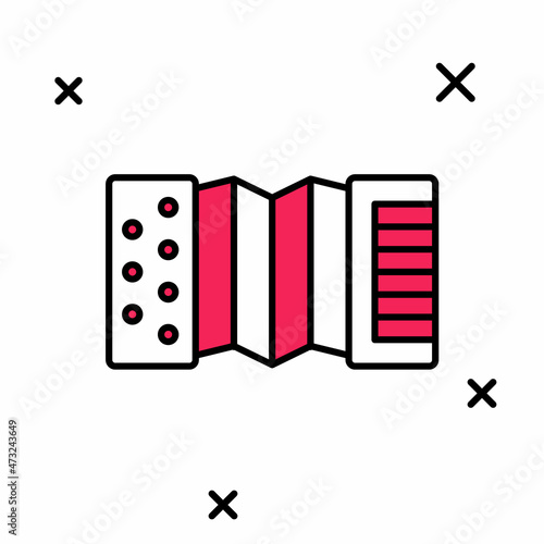Filled outline Musical instrument accordion icon isolated on white background. Classical bayan, harmonic. Vector