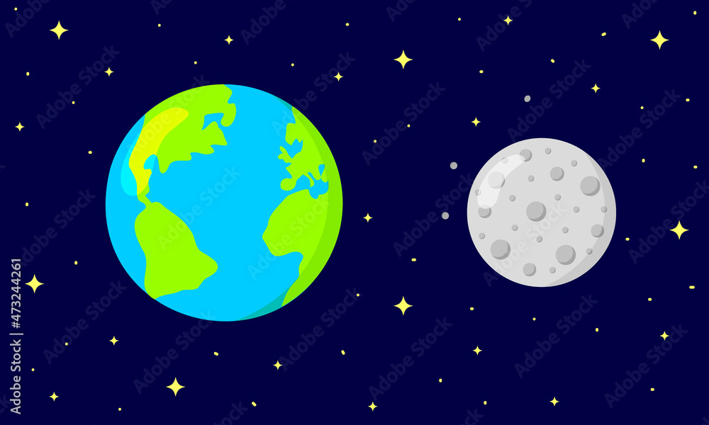 Fototapeta premium Earth and Moon on dark space starry background. Astronomy for kids. Vector cartoon illustration.