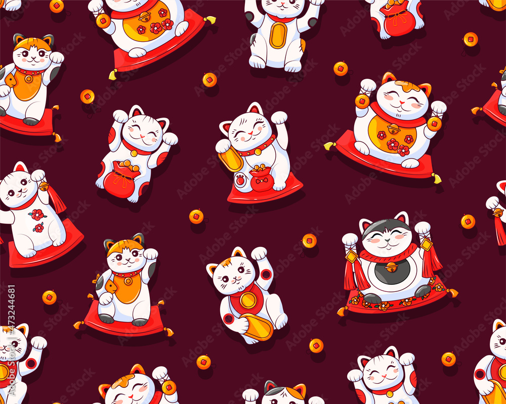 Maneki Neko Japanese cat seamless pattern. Various cute cats of good luck. Symbol wealth. Vector cartoon background