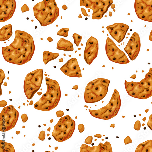 Bitten cookies with chocolate chips seamless pattern. Delicious homemade cakes. Vector cartoon background