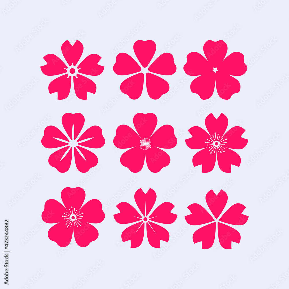 Fototapeta premium Cherry blossom or sakura flower icon set. Flat vector illustration