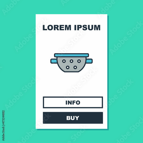 Filled outline Kitchen colander icon isolated on turquoise background. Cooking utensil. Cutlery sign. Vector