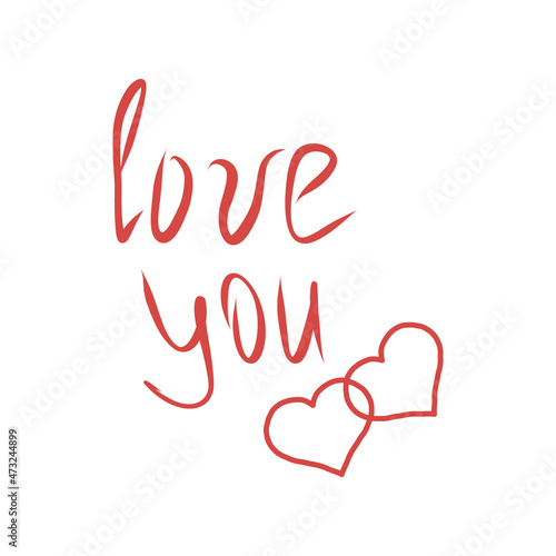 love you lettering and hearts hand drawn doodle. vector, minimalism, card template.
