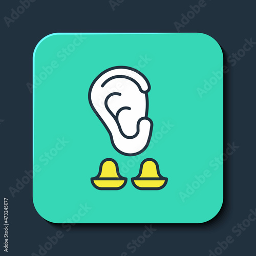 Filled outline Earplugs and ear icon isolated on blue background. Ear plug sign. Noise symbol. Sleeping quality concept. Turquoise square button. Vector
