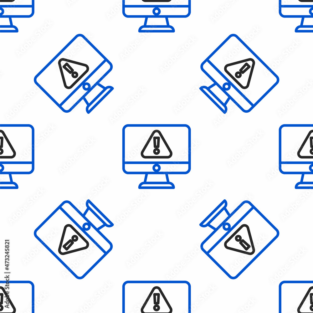 Obraz premium Line Computer monitor with exclamation mark icon isolated seamless pattern on white background. Alert message smartphone notification. Colorful outline concept. Vector