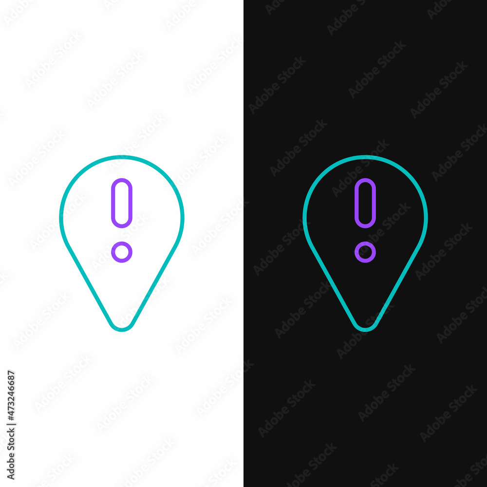 Line Map pointer with exclamation mark icon isolated on white and black background. Hazard warning sign, careful, attention, danger warning important sign. Colorful outline concept. Vector Line Map pointer with exclamation mark icon isolated on white and black background. Hazard warning sign, careful, attention, danger warning important sign. Colorful outline concept. Vector