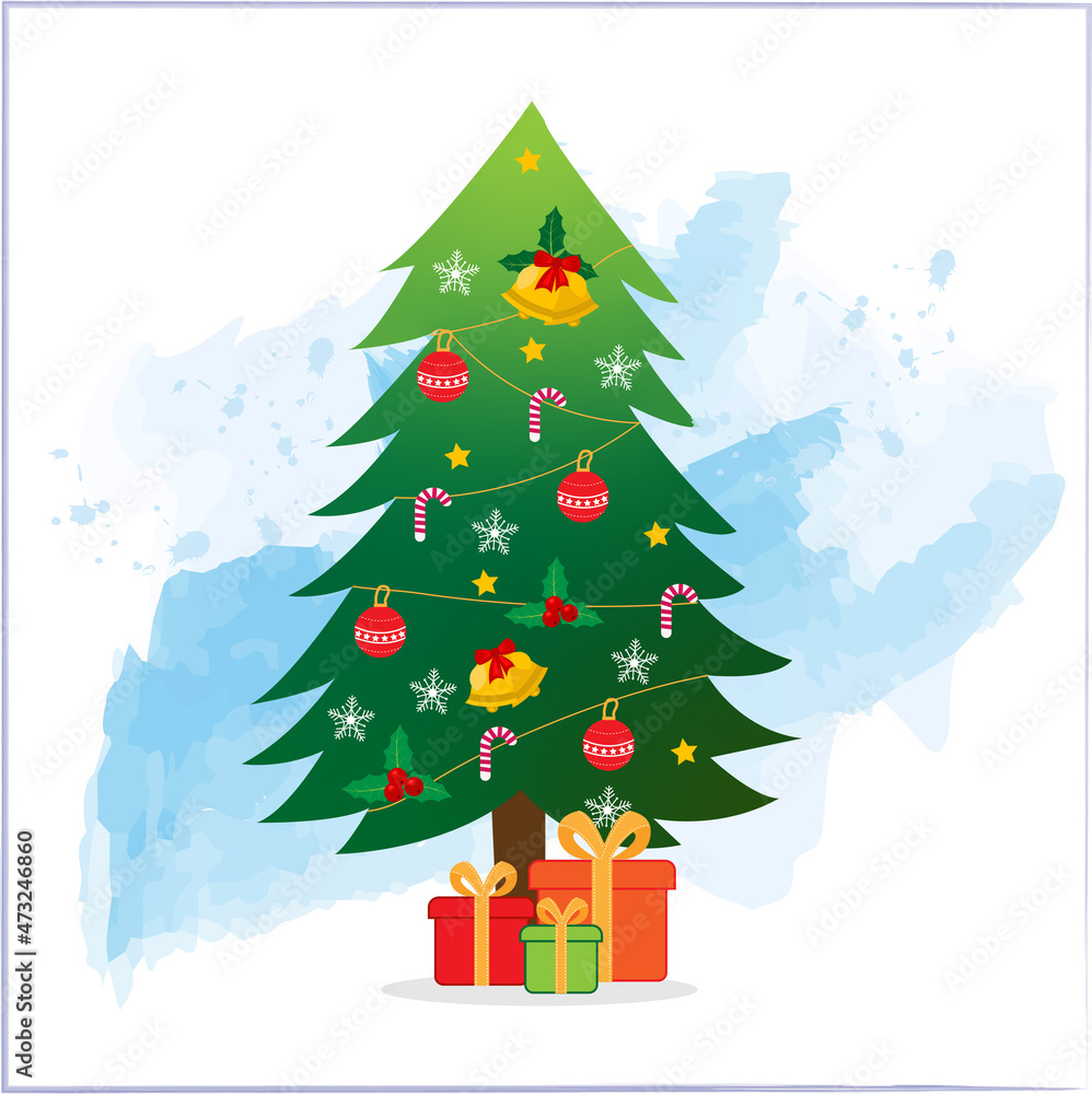 Christmas tree with gifts in white and blue shaded background Christmas tree with gifts in white and blue shaded background