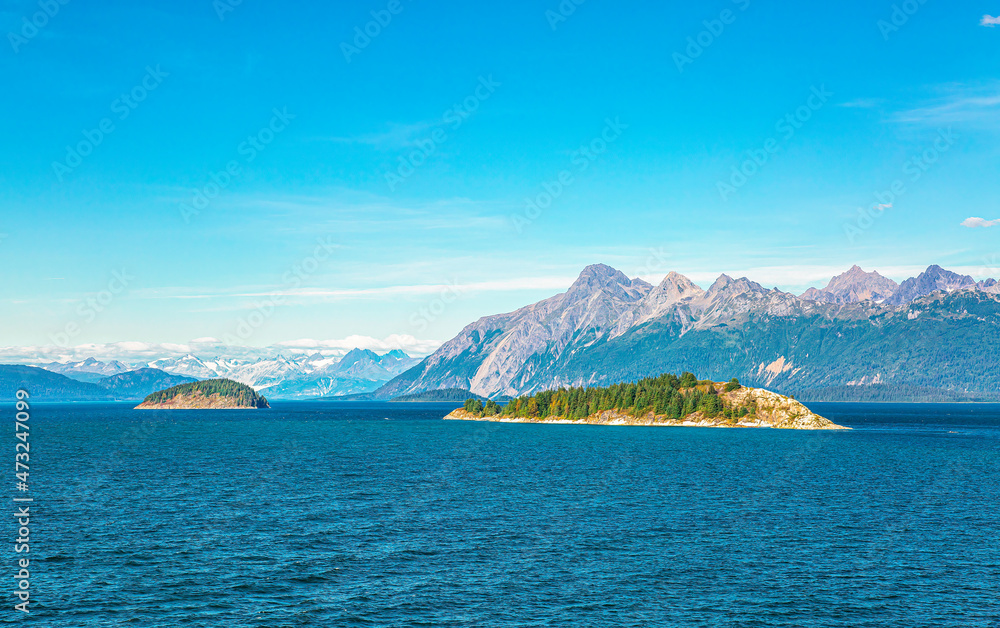 View with sea and snowy mountains