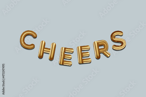 cheers written with golden foil balloons. cheers lettering realistic gold balloons, cheers typography background. vector design, isolated