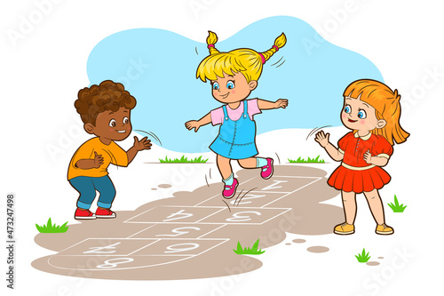 Two girls and a boy are jumping playing hopscotch. Vector illustration in cartoon style, black and white lines photo