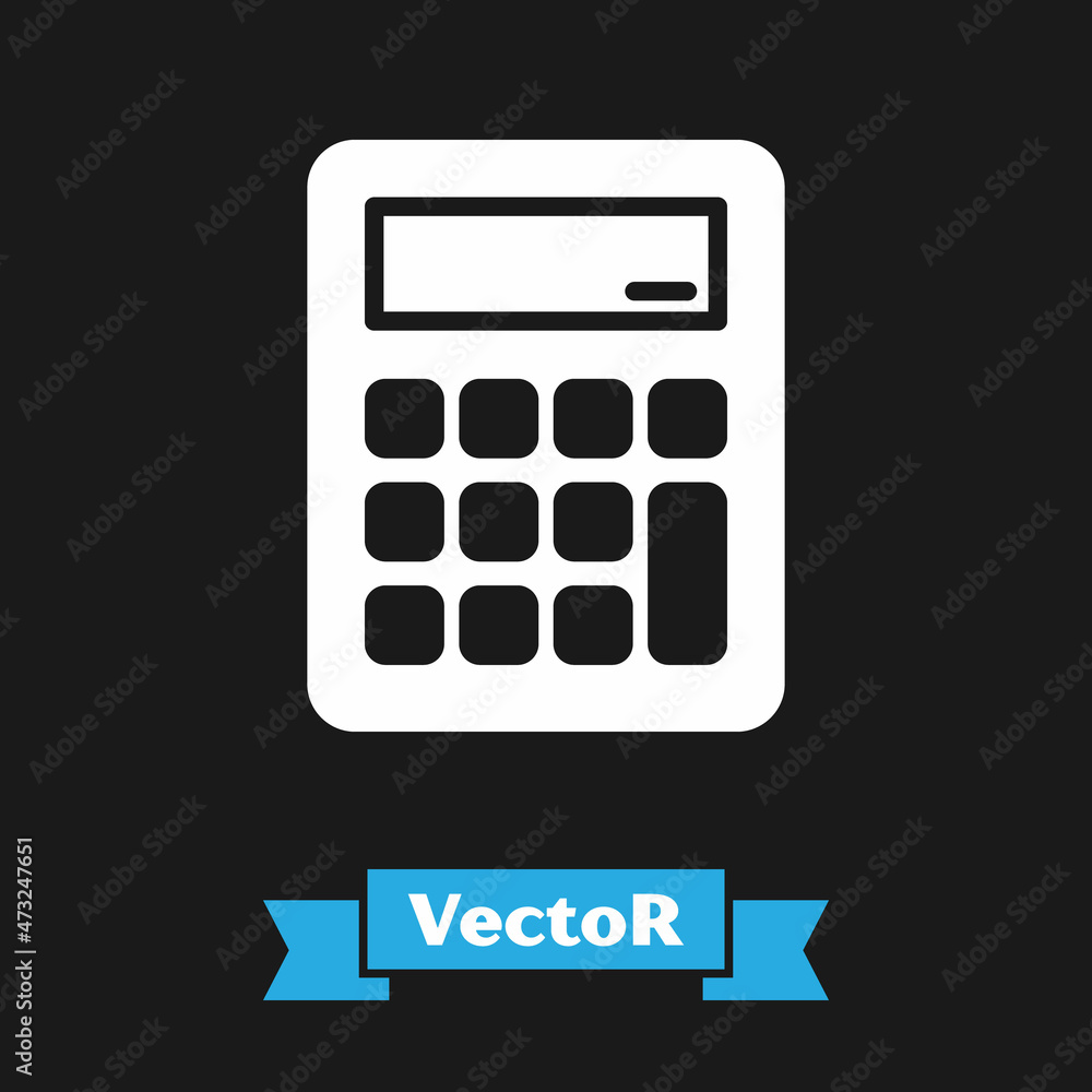White Calculator icon isolated on black background. Accounting symbol. Business calculations mathematics education and finance. Vector White Calculator icon isolated on black background. Accounting symbol. Business calculations mathematics education and finance. Vector