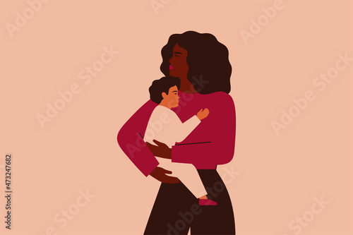 African American woman adopted white baby boy. Black female holds and embraces her child with love and care. Vector illustration