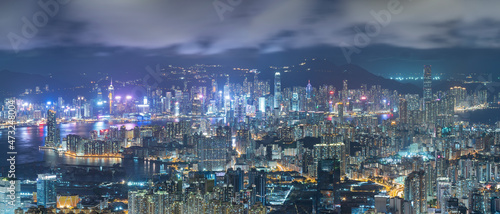Photography Night scenery of panorama of Hong Kong city