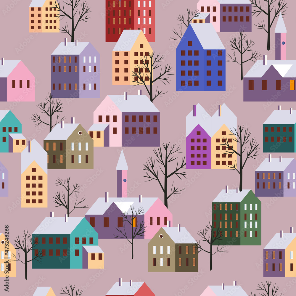 Christmas scandinavian town, seamless pattern winter city landscape, trees houses, New Year and Christmas holidays. Vector illustration minimalism style