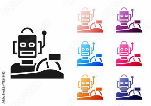 Black Robot humanoid driving a car icon isolated on white background. Artificial intelligence, machine learning, cloud computing. Set icons colorful. Vector