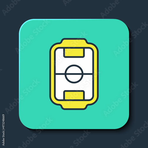 Filled outline Table football game hobby or leisure icon isolated on blue background. Sport team football players. Turquoise square button. Vector