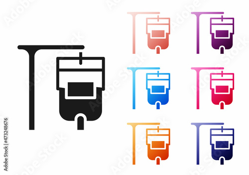 Black IV bag icon isolated on white background. Blood bag. Donate blood concept. The concept of treatment and therapy, chemotherapy. Set icons colorful. Vector