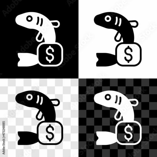 Set Price tag for fish icon isolated on black and white, transparent background. Vector