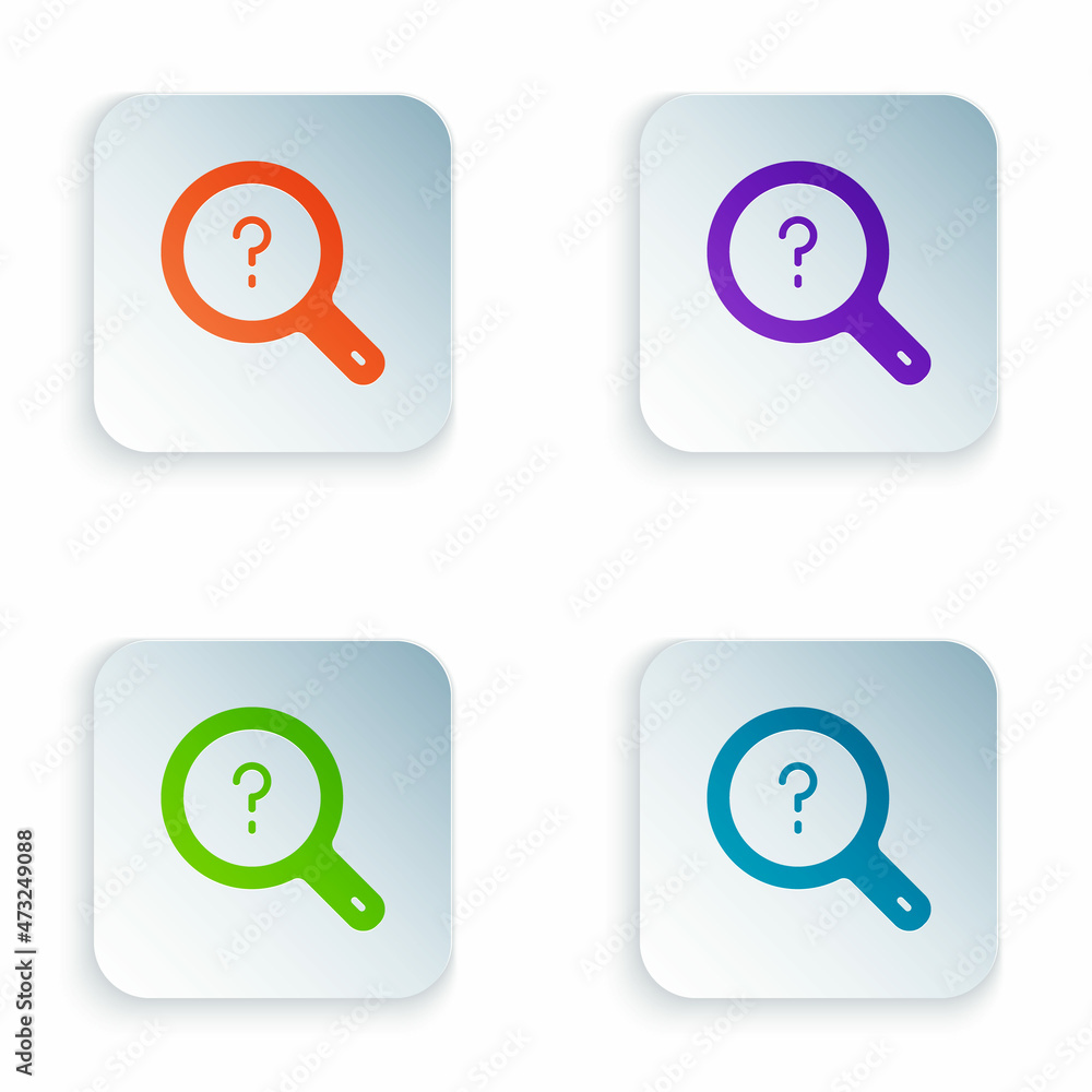 Color Unknown search icon isolated on white background. Magnifying glass and question mark. Set colorful icons in square buttons. Vector Color Unknown search icon isolated on white background. Magnifying glass and question mark. Set colorful icons in square buttons. Vector