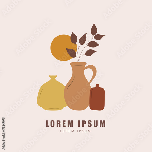 Poster with vases in boho style. Abstract silhouette of ceramic pots and clay jugs in pastel colors. Modern home wall decor. Hand drawn vector illustration.