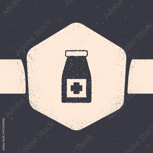 Grunge Medicine bottle and pills icon isolated on grey background. Bottle pill sign. Pharmacy design. Monochrome vintage drawing. Vector