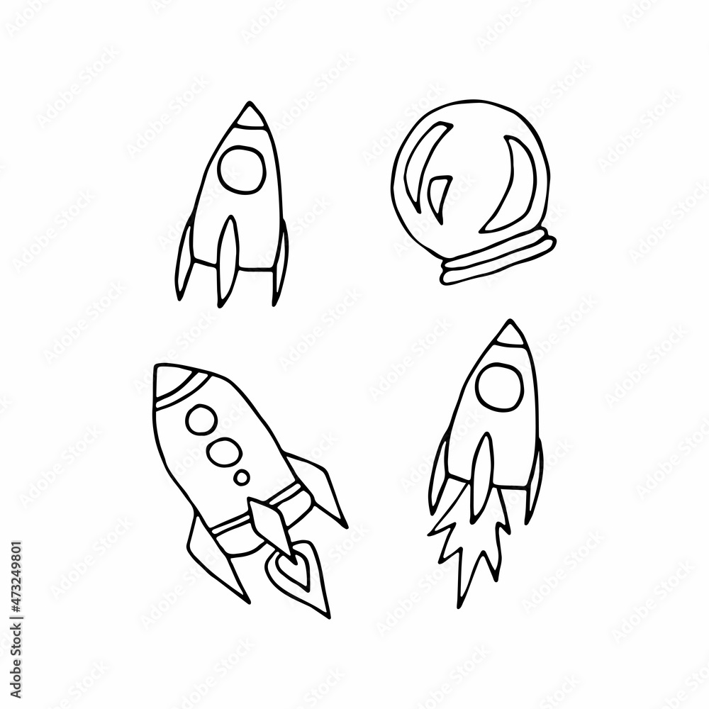 Outline space doodle sticker set. Rocket, space suit isolated on white background. Line astronomical object. Cute futuristic image. Spaceship symbol of travel, education. Vector science illustration