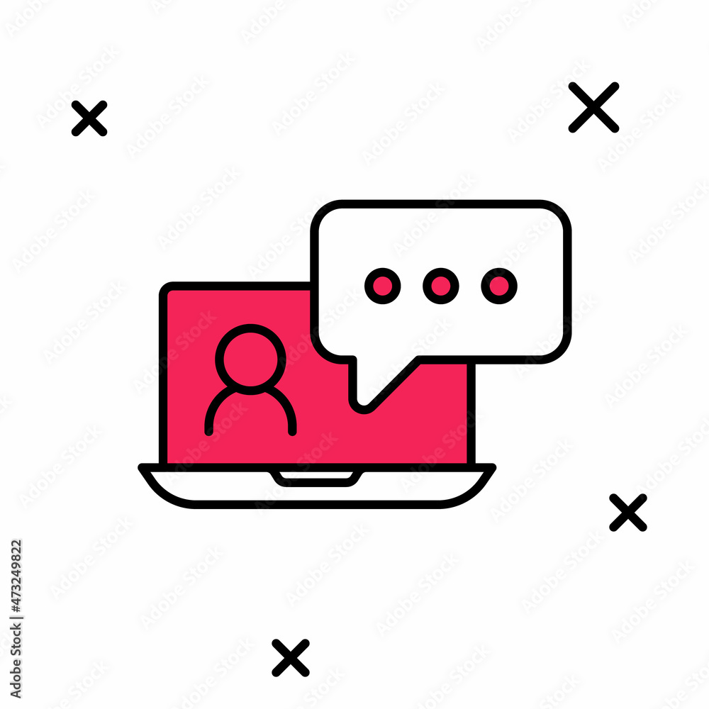 Filled outline Video chat conference icon isolated on white background. Online meeting work form home. Remote project management. Vector