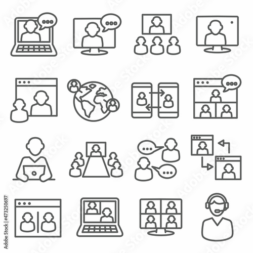 Video conference line icons set on white background
