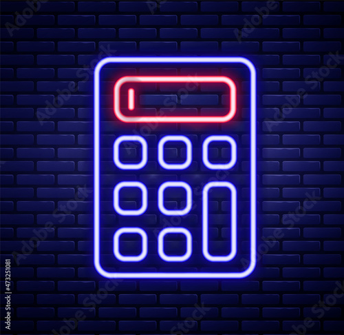 Glowing neon line Calculator icon isolated on brick wall background. Accounting symbol. Business calculations mathematics education and finance. Colorful outline concept. Vector