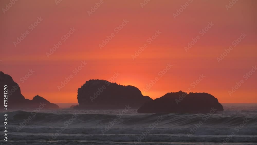 A rock with a large flock of birds casts a silhouette in front of the fading sunset light at an Oregon beach. A rock with a large flock of birds casts a silhouette in front of the fading sunset light at an Oregon beach.