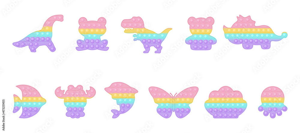 Set of animal and dinosaur forms pop it a trendy pastel rainbow fidget toys. Addictive anti stress toy in pastel colors. Bubble sensory fashionable popit for kids. Isolated vector illustration.