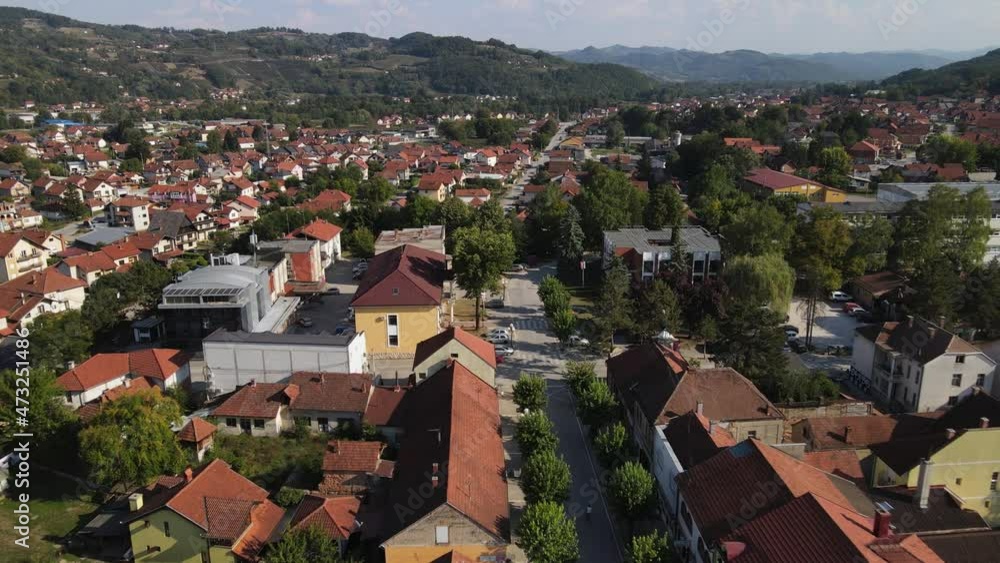 Arilje, Serbia, Aerial View of Downtown, Main Street and Buildings on Sunny Day. Drone SHot Arilje, Serbia, Aerial View of Downtown, Main Street and Buildings on Sunny Day. Drone SHot