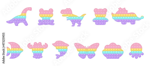 Set of animal and dinosaur forms pop it a trendy pastel rainbow fidget toys. Addictive anti stress toy in pastel colors. Bubble sensory fashionable popit for kids. Isolated vector illustration.