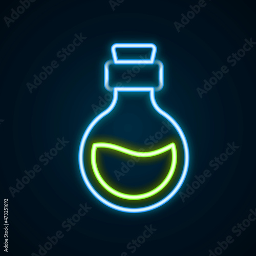 Glowing neon line Glass bottle with magic elixir icon isolated on black background. Computer game asset. Colorful outline concept. Vector