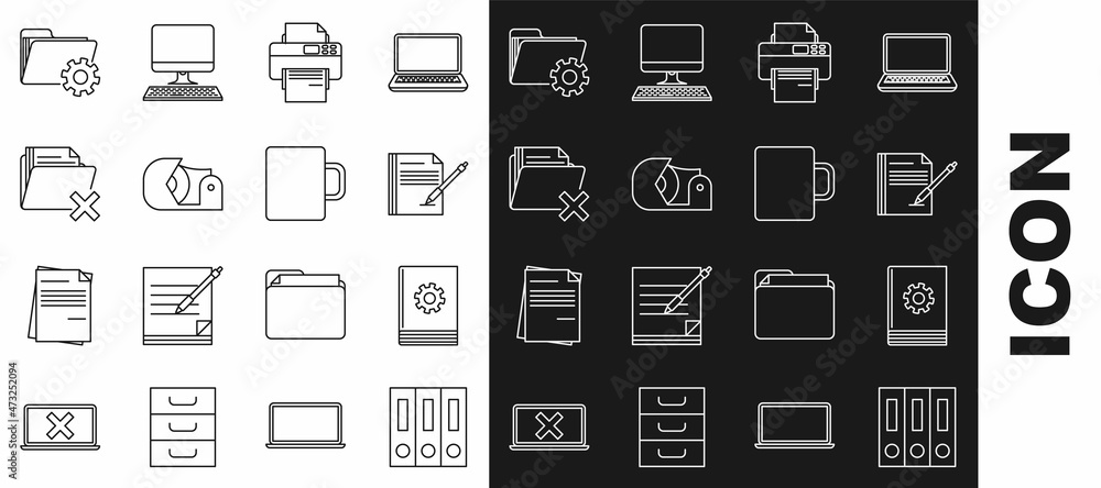 Set line Office folders with papers and documents, User manual, Blank notebook pen, Printer, Scotch, Delete, Folder settings gears and Coffee cup icon. Vector