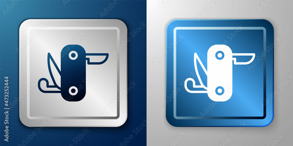 White Swiss army knife icon isolated on blue and grey background. Multi-tool, multipurpose penknife. Multifunctional tool. Silver and blue square button. Vector White Swiss army knife icon isolated on blue and grey background. Multi-tool, multipurpose penknife. Multifunctional tool. Silver and blue square button. Vector