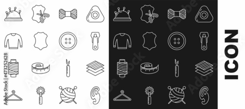 Set line French curves, Textile fabric roll, Zipper, Sewing thread on spool, Leather, Sweater, Needle bed and needles and button for clothes icon. Vector