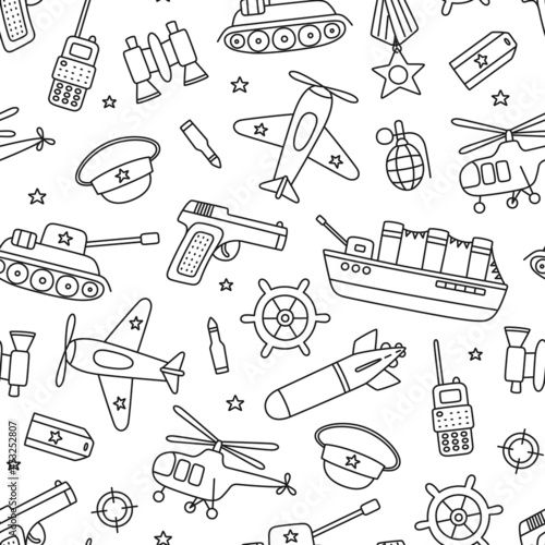 Victory day 9 may seamless pattern. Hand drawn background for Defender of the Fatherland Day 23 february. Kid drawing for army day. Doodle vector illustration on white background.