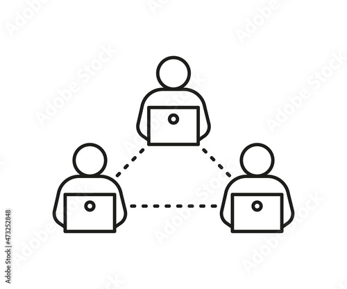 People remote online communication on computer, network line icon. Connection on internet teamwork. Distance community. Vector sign