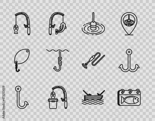 Set line Fishing hook, Calendar with a fish, float water, rod and, under, boat fishing on and icon. Vector