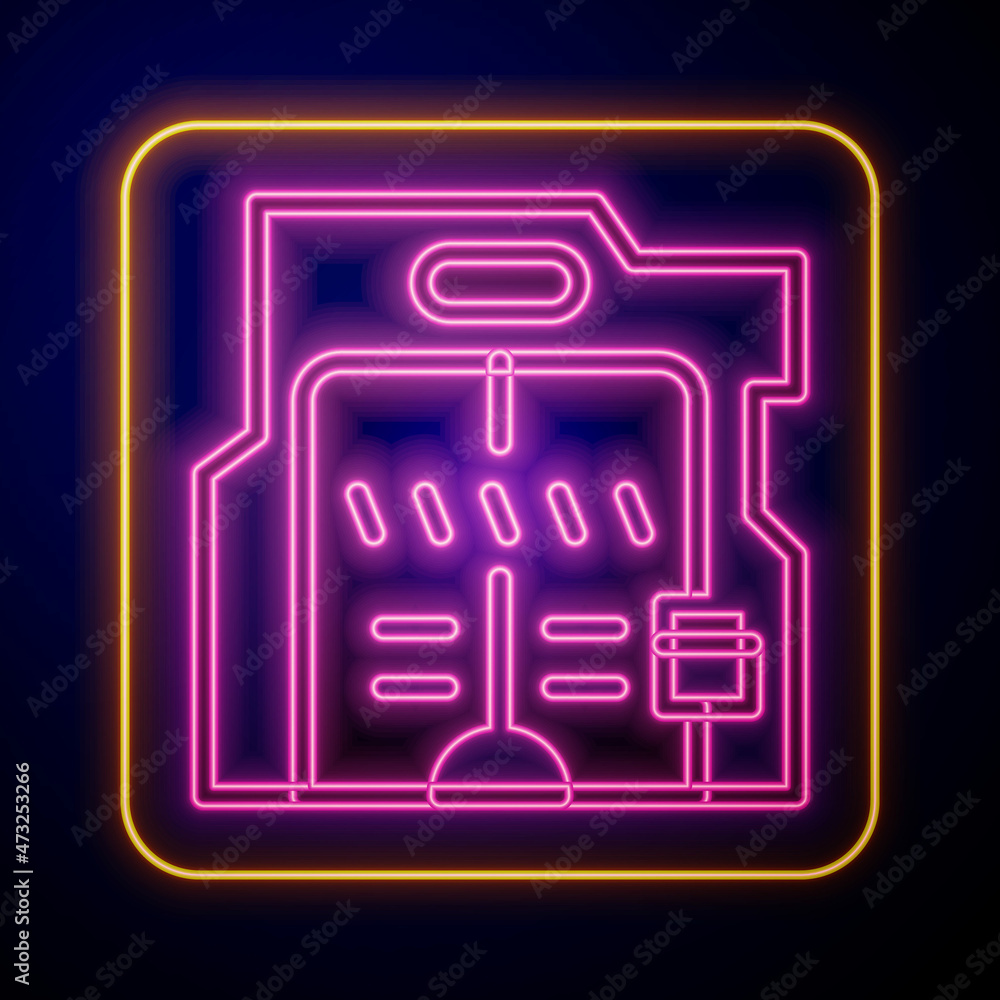 Glowing neon Futuristic sliding doors icon isolated on black background. Vector
