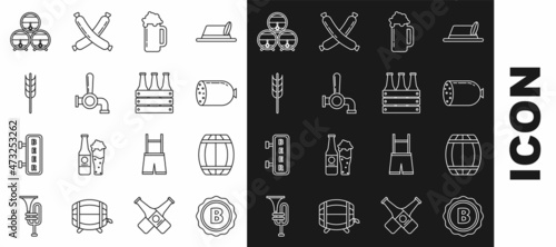 Set line Bottle cap with inscription beer, Wooden barrel, Salami sausage, Glass of, Beer tap, Cereals set rice, wheat, corn, oats, rye, barley, rack stopcock and Pack bottles icon. Vector
