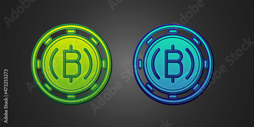 Green and blue Cryptocurrency coin Bitcoin icon isolated on black background. Physical bit coin. Blockchain based secure crypto currency. Vector